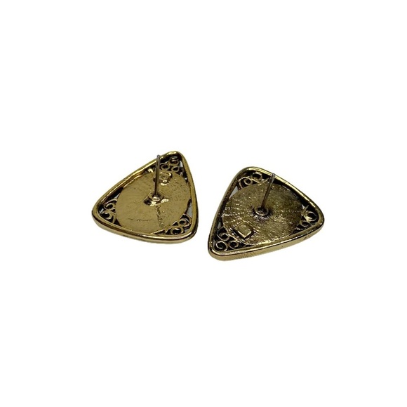 Faux Stone Antiqued Gold Triangle Pierced Earrings - Picture 5 of 6